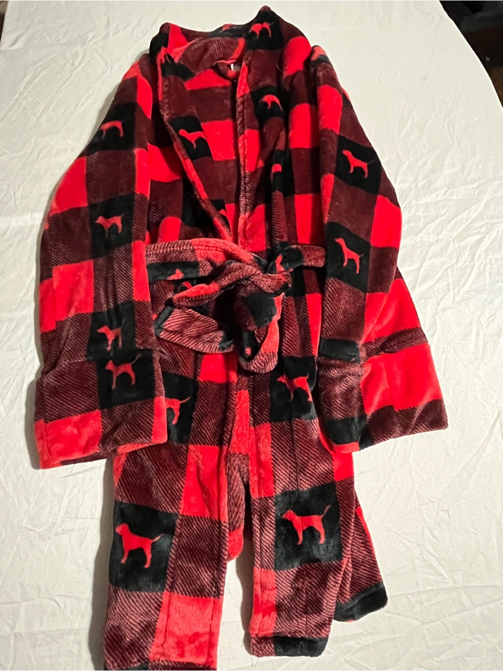 PINK Victoria's Secret Red and Black Plaid Plush Robe with Dog Motif Size XS/S